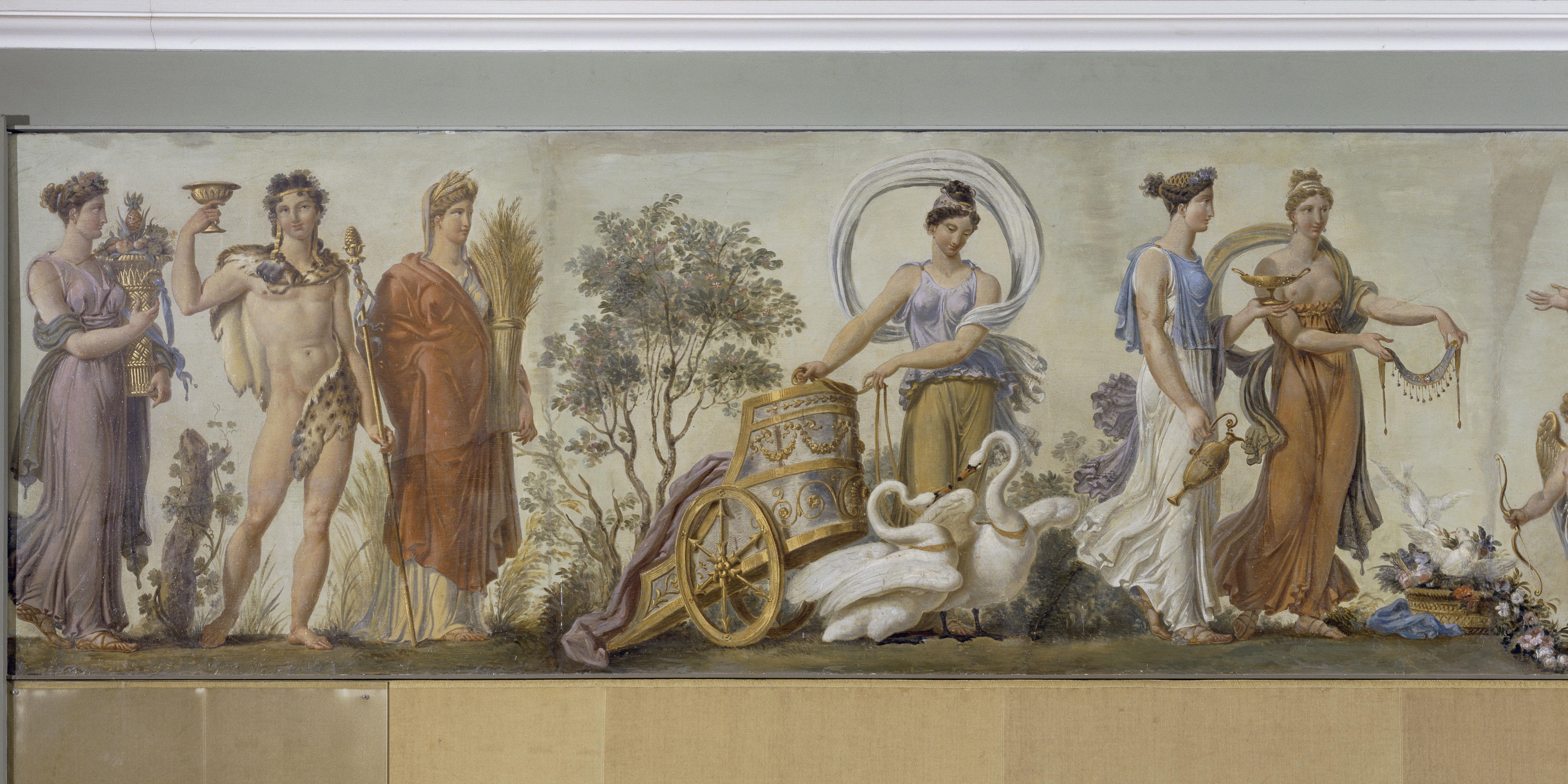 Détail d’une frise d’inspiration antique montrant un cortège de divinités, muses et grâces