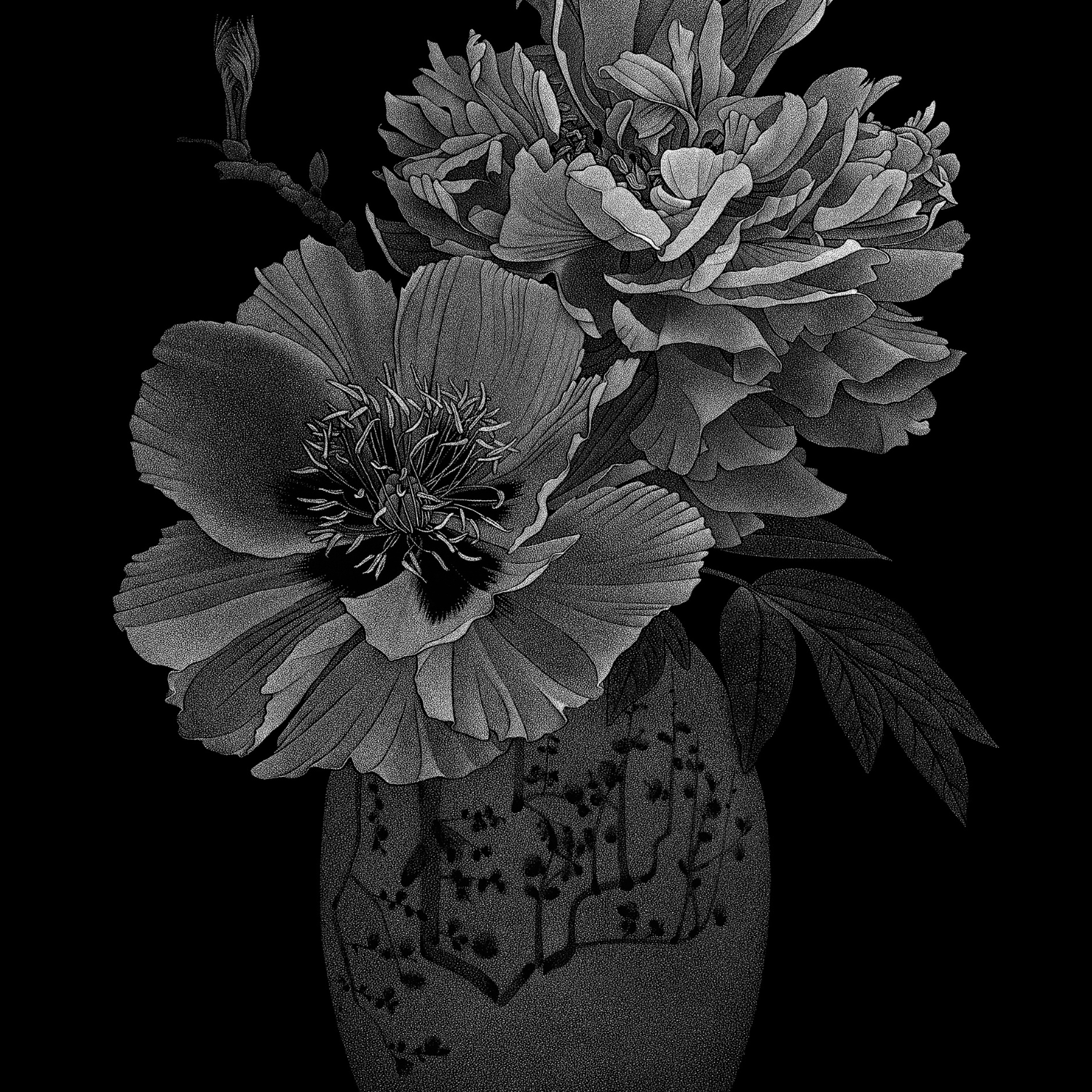 Détail d'une peinture sur verre représentant des pivoines arbustives dans un vase japonais