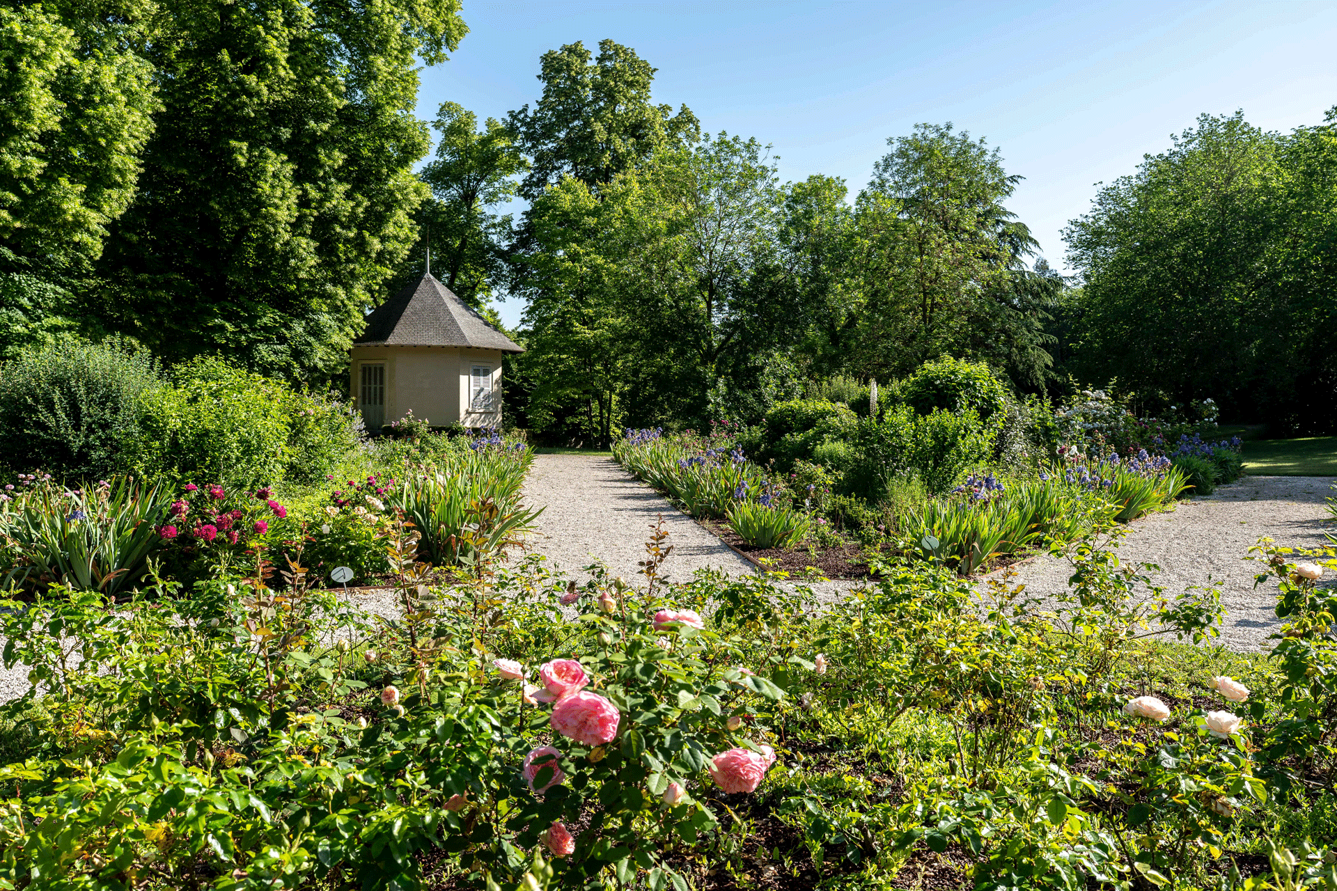 Jardin fleuri avec allées de gravier, massifs de roses et petit pavillon entouré d’arbres