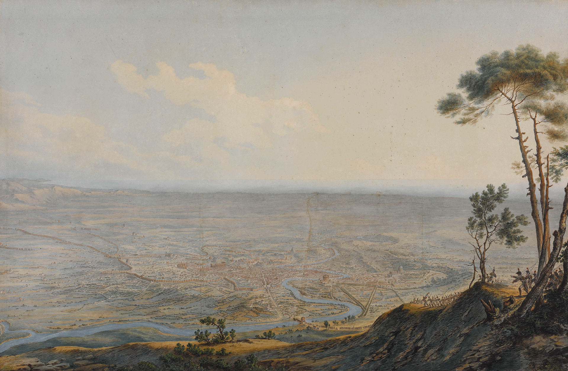Vue panoramique de Rome en 1798, observée depuis une colline occupée par des soldats français