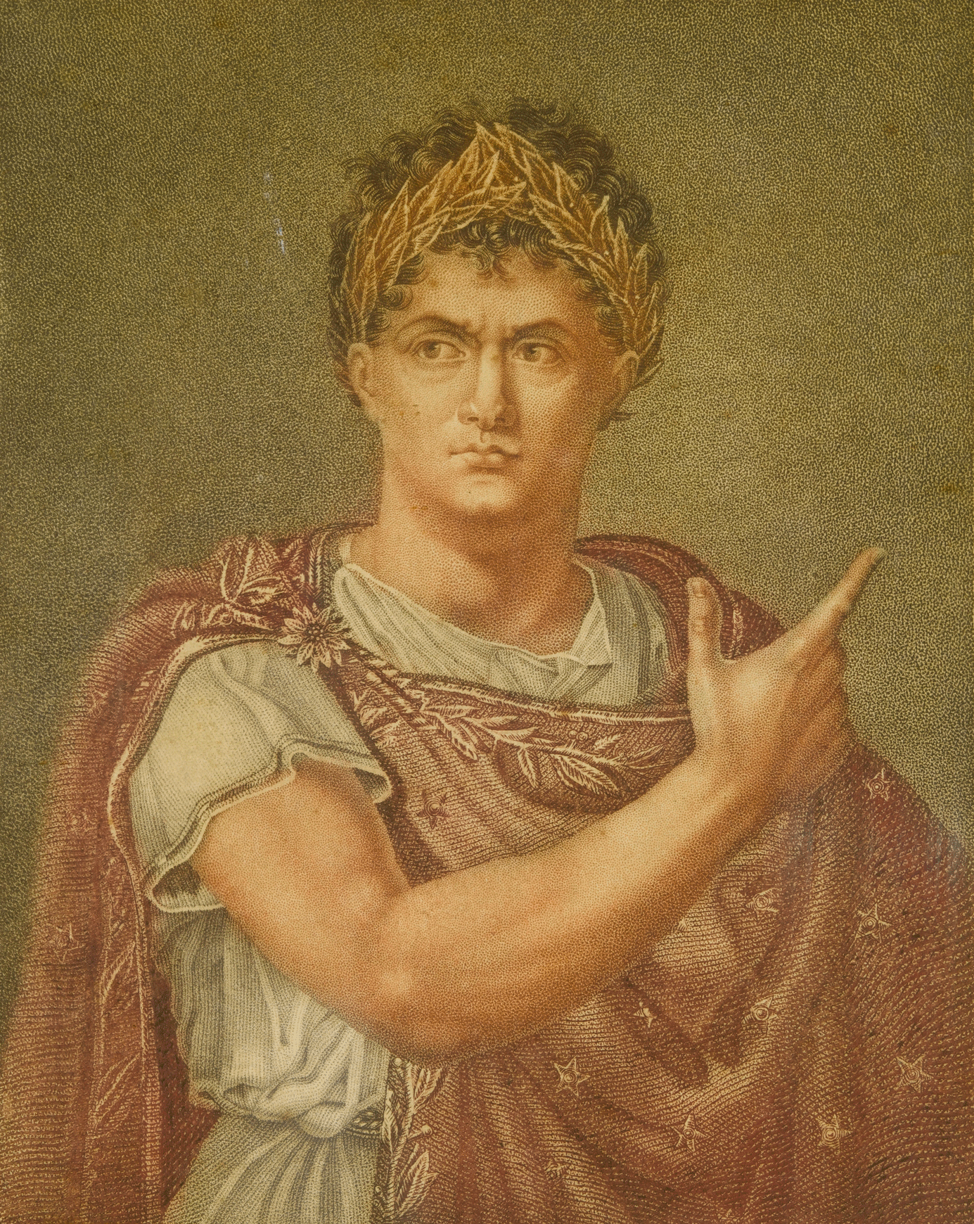Portrait de Talma, coiffé d’une couronne de laurier et vêtu d’un manteau rouge.