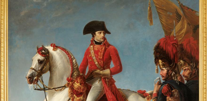 Détail d'un portrait de Bonaparte à cheval après la bataille de Marengo le regard tourné vers les grenadiers de la garde consulaire