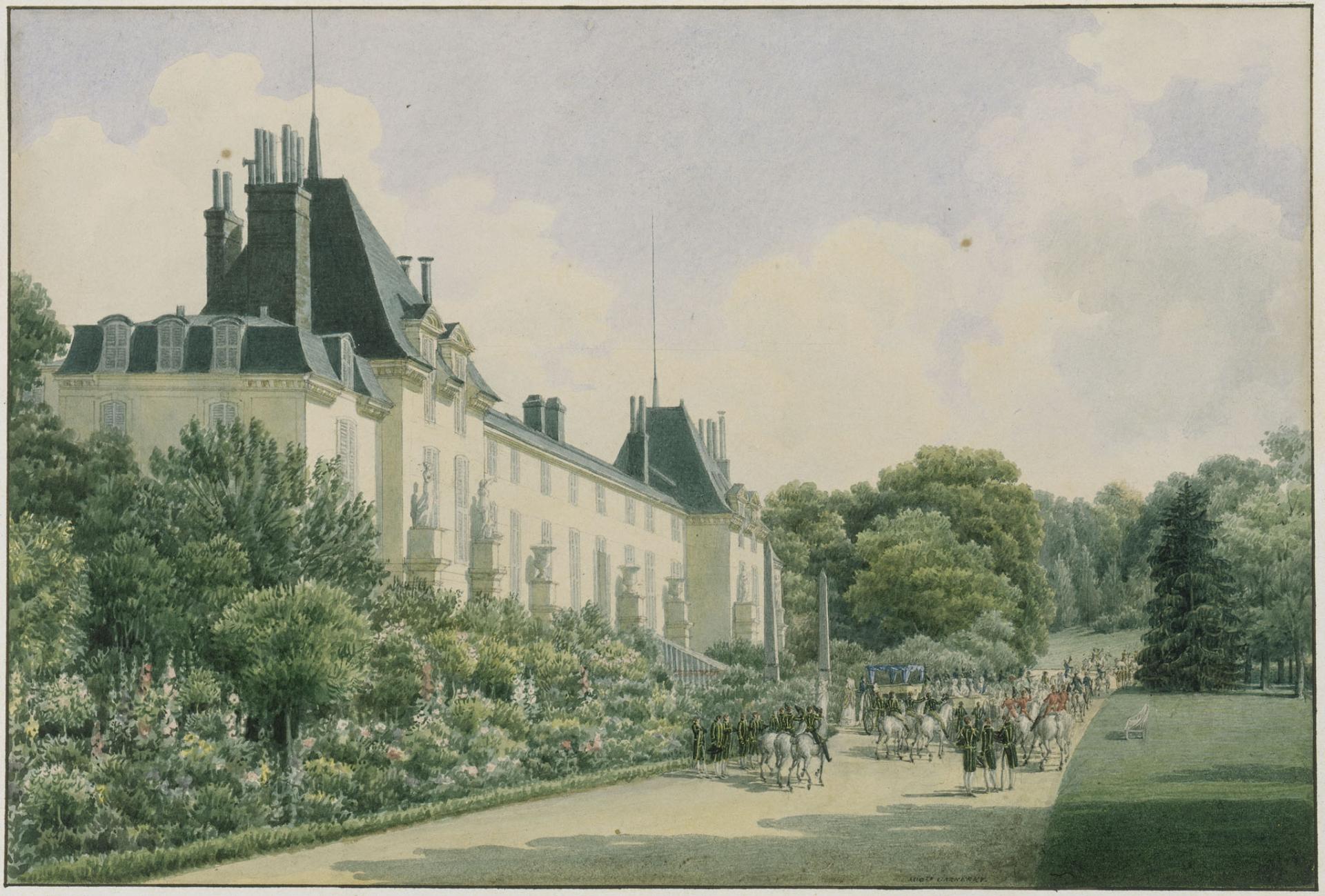 Aquarelle de la façade du château de Malmaison depuis le parc, avec un cortège en arrière-plan