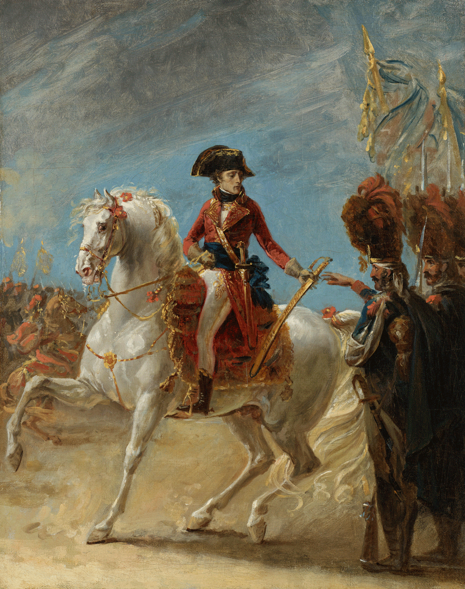 Bonaparte à cheval remet un sabre d’honneur à un soldat