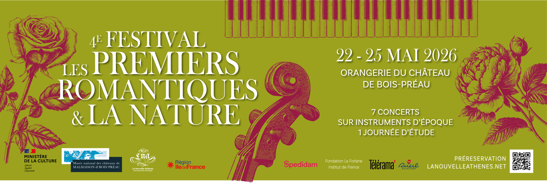Bannière du 4e Festival Les Premiers romantiques composés d'éléments pourpres sur fond vert