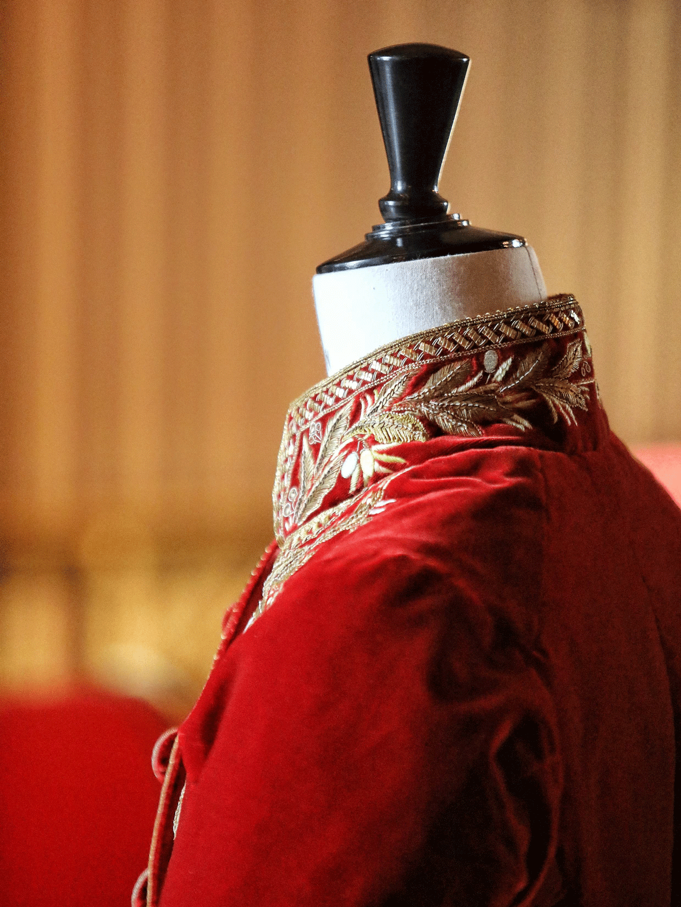 Haut d’un habit en velours de soie rouge avec col brodé de motifs végétaux