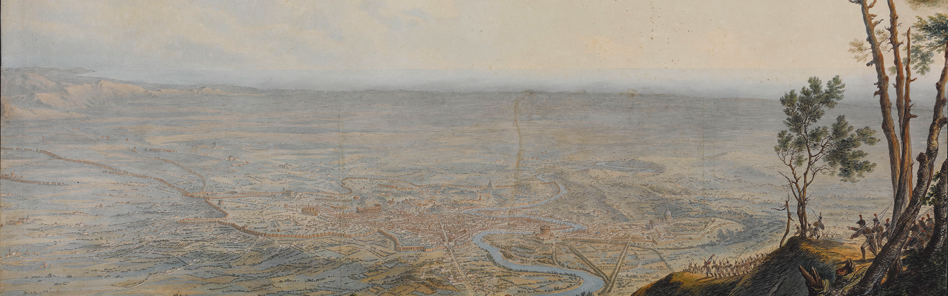 Vue panoramique de Rome en 1798, observée depuis une colline occupée par des soldats français