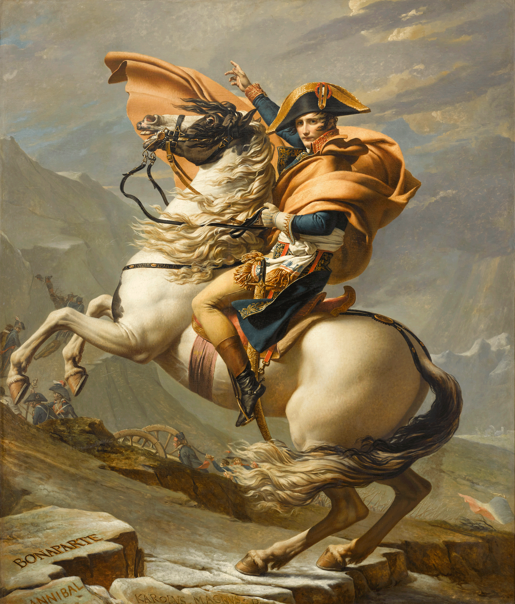 Bonaparte en uniforme sur un cheval cabré dans un paysage montagneux, le manteau flottant au vent