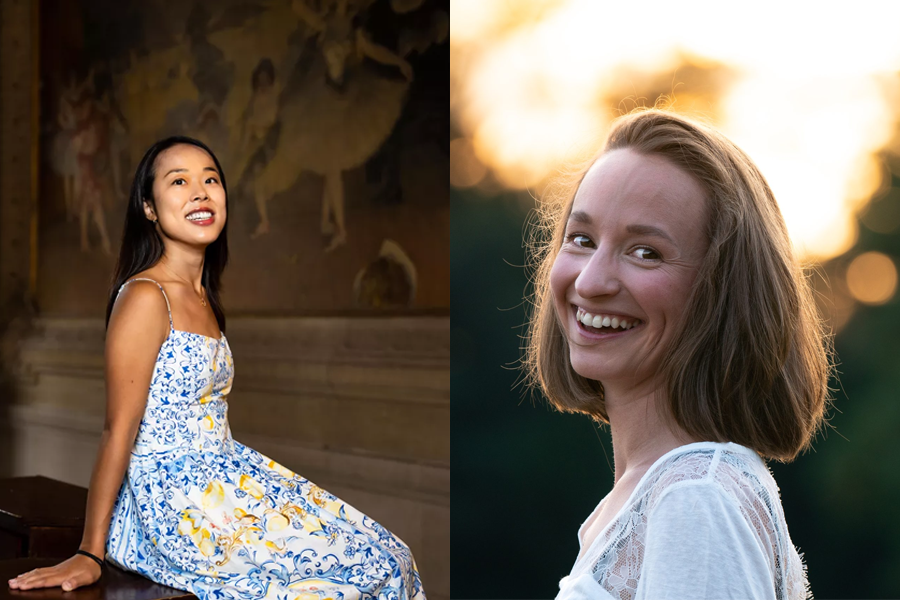 Portraits de deux artistes, dont une pianiste assise devant son instrument