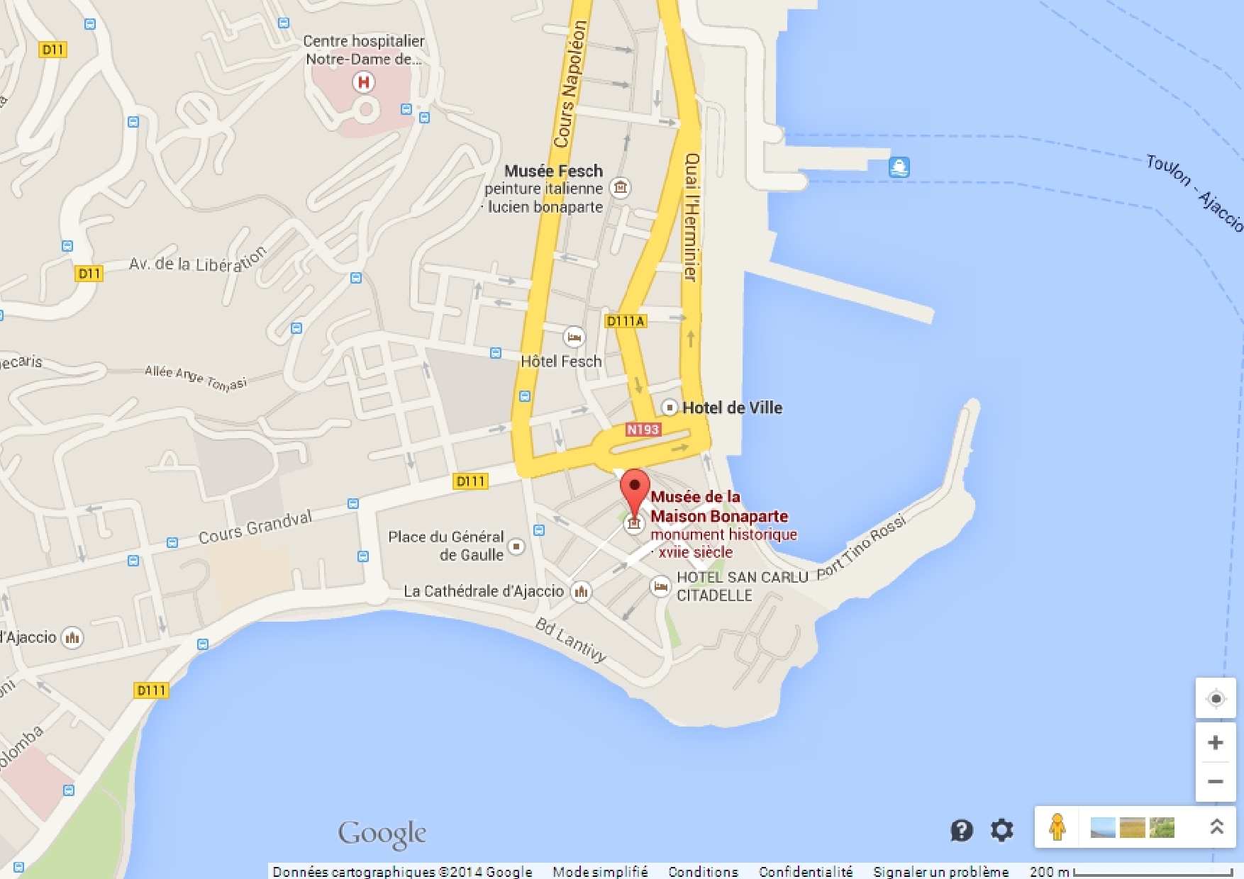 Plan de localisation de la Maison Bonaparte à Ajaccio 