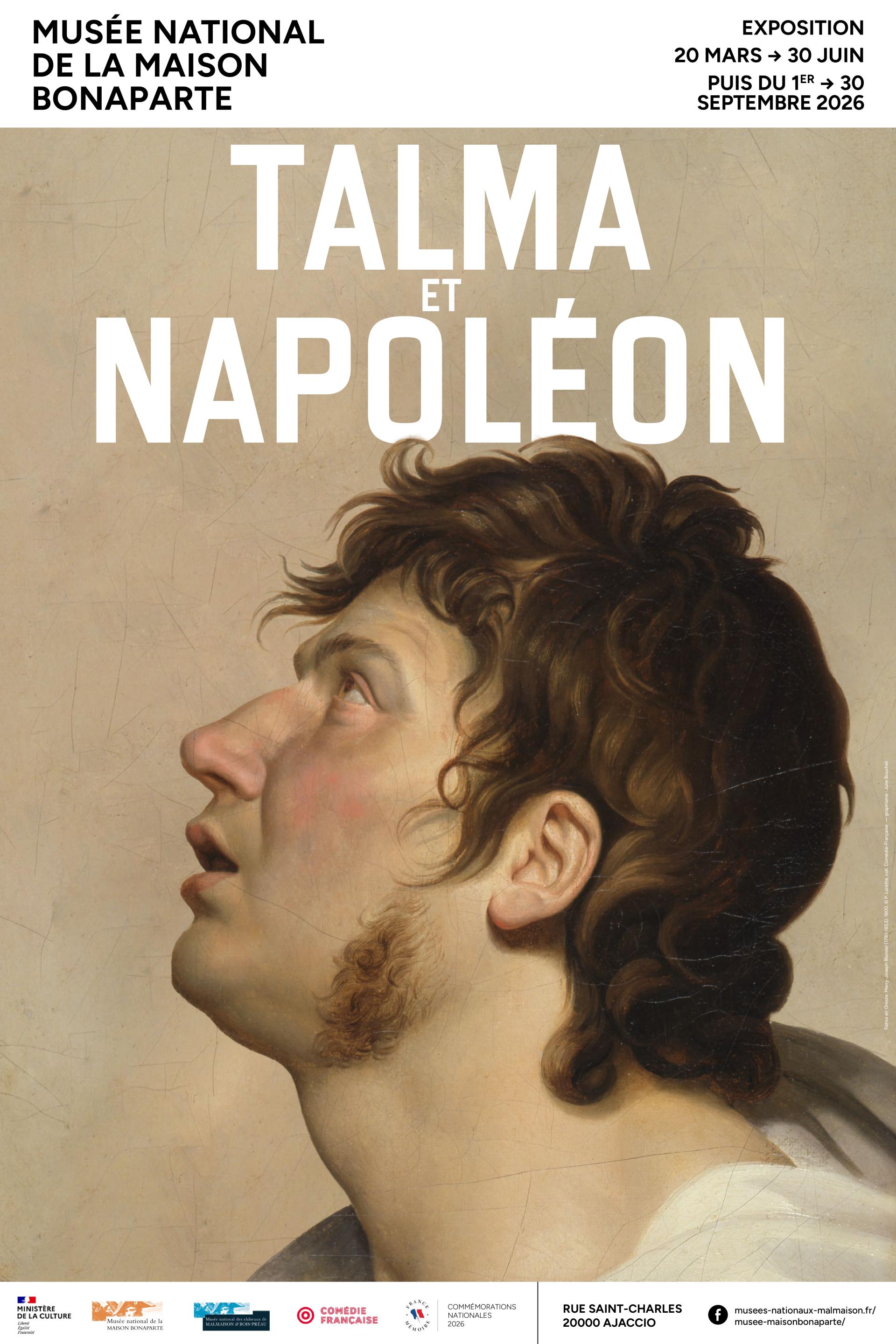 Visuel de l'affiche de l'exposition "Talma et Napoléon" composer du portrait de Talma en Oreste sur fond brun 